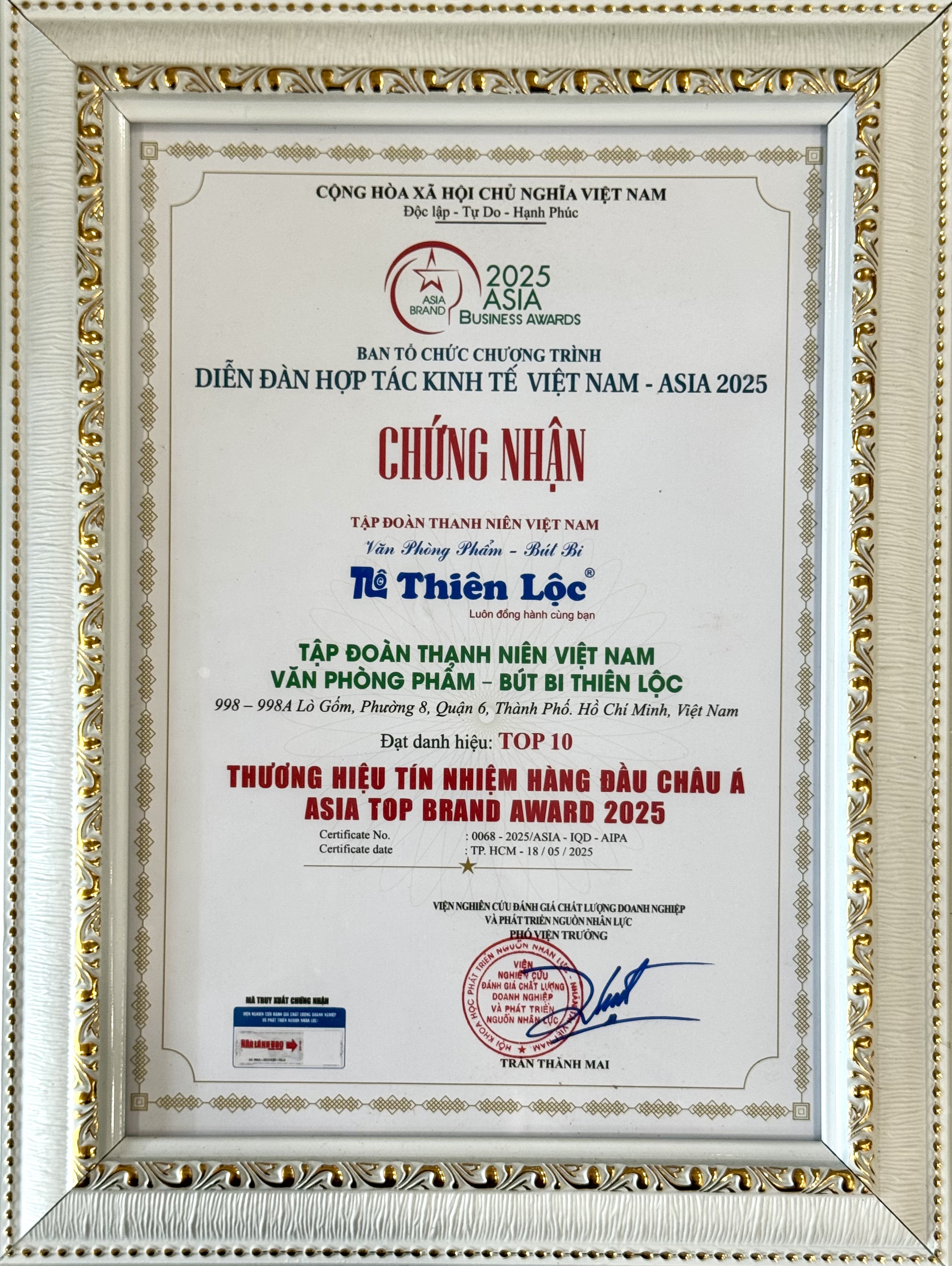 THƯƠNG HIỆU BÚT BI THIÊN LỘC NHẬN TOP 10 THƯƠNG HIỆU TÍN NHIỆM HÀNG ĐẦU CHÂU Á 2025